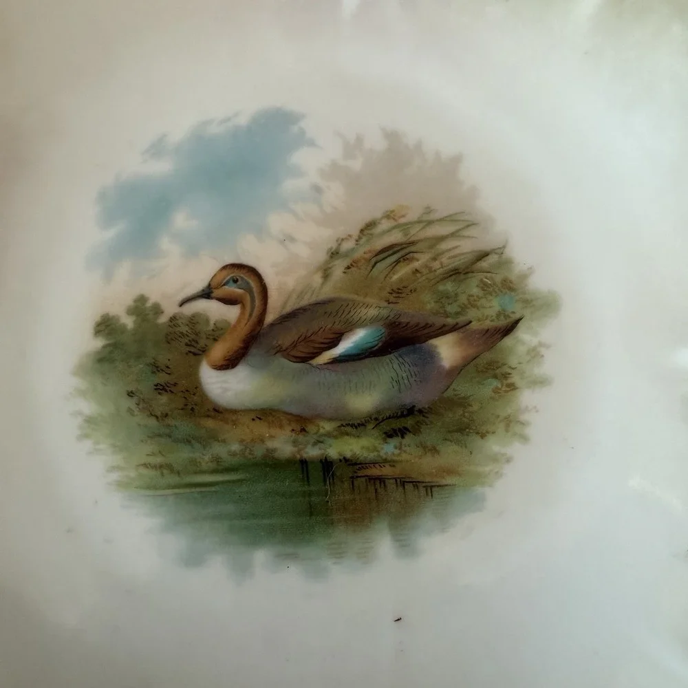Vintage Silesien Game Bird Plate Mint Green Luster Pink Flowers